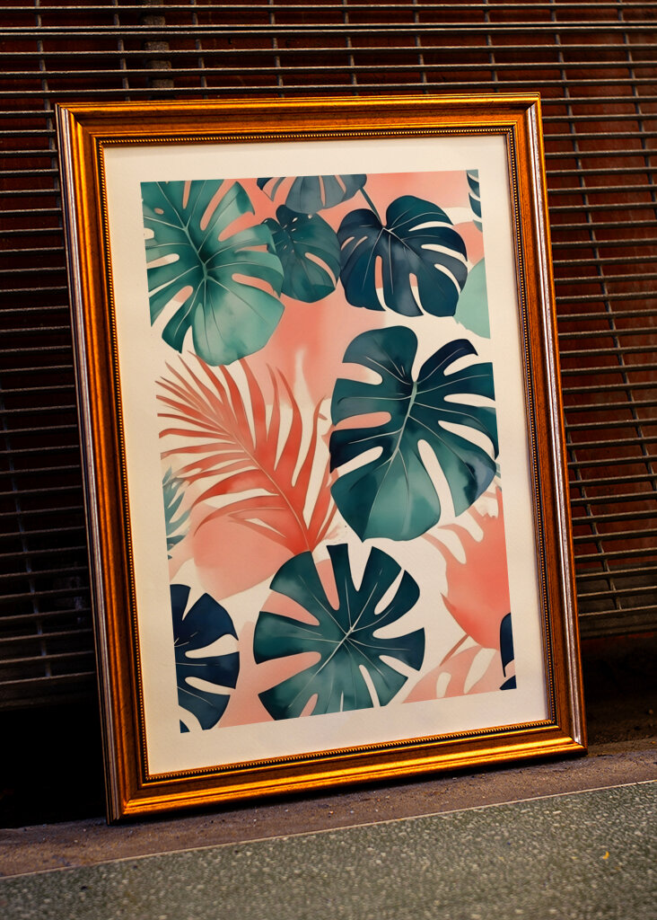Teal And Coral Monstera Leaves