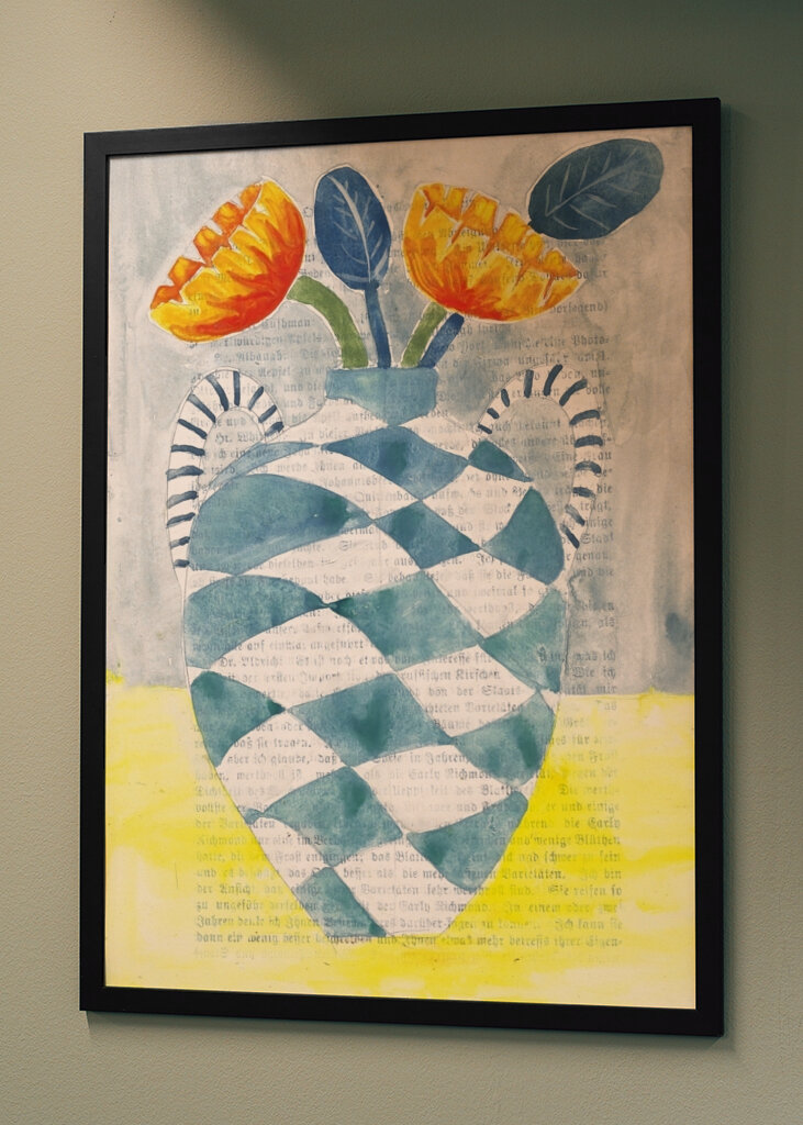 Checkered Vase With Orange Flowers