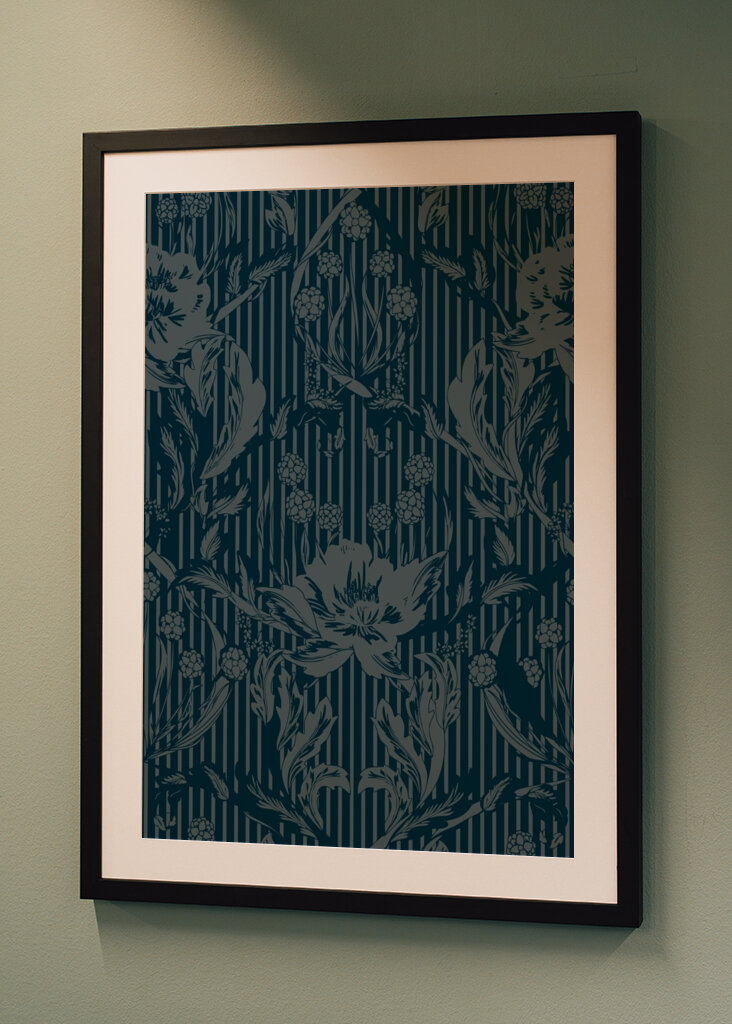 Floral Heritage Morris monochrome stripes moonshine blue pattern