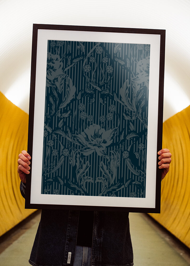 Floral Heritage Morris monochrome stripes moonshine blue pattern