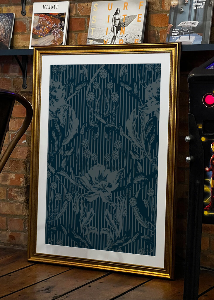 Floral Heritage Morris monochrome stripes moonshine blue pattern