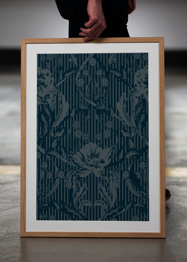 Floral Heritage Morris monochrome stripes moonshine blue pattern