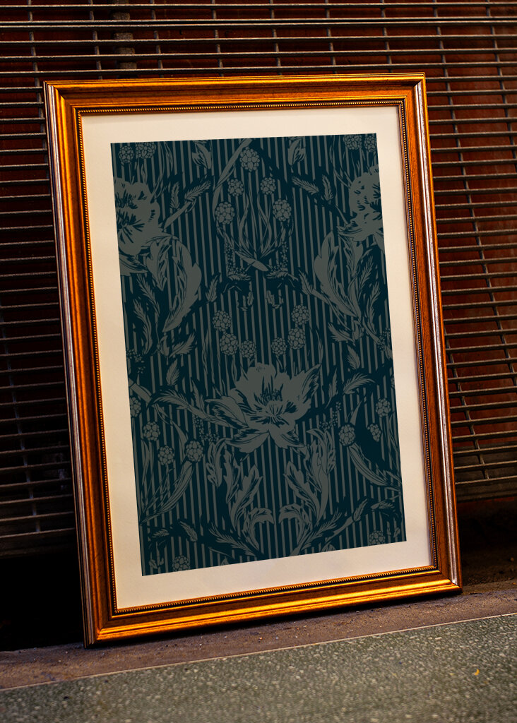 Floral Heritage Morris monochrome stripes moonshine blue pattern