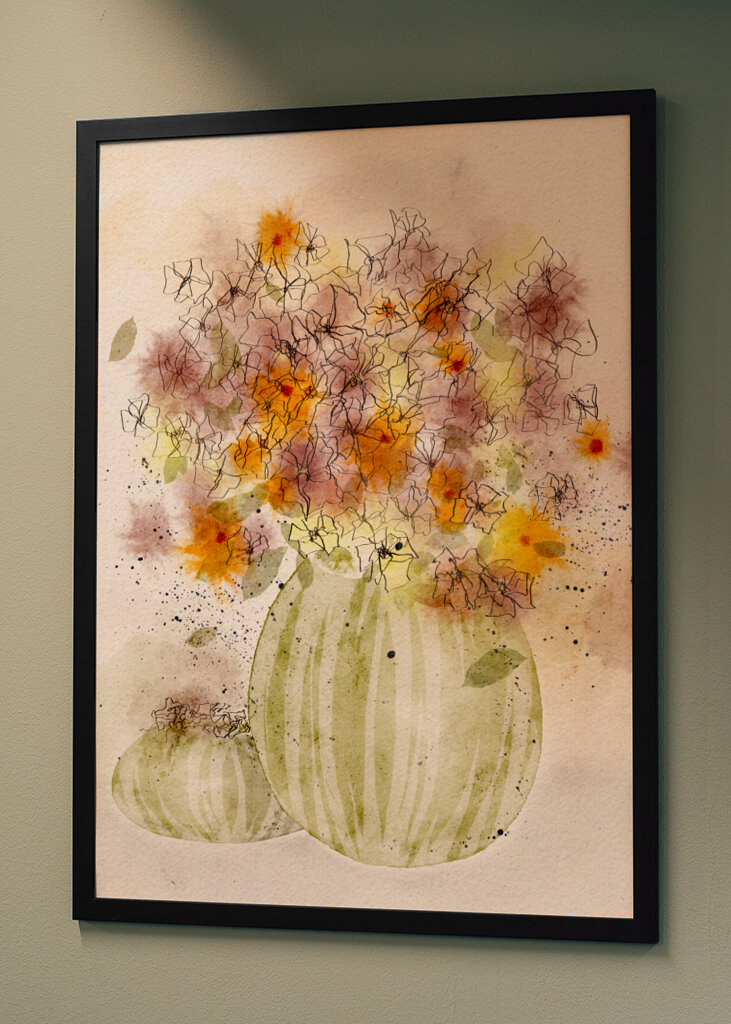 Orange and Yellow Flowers in a Striped Vase