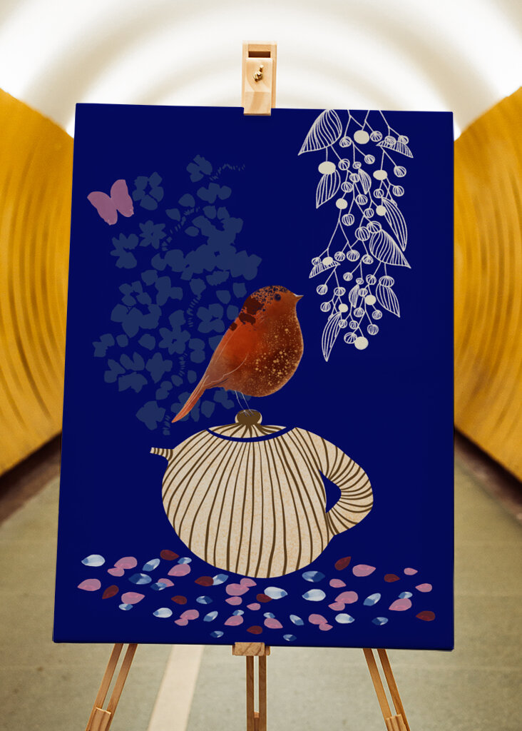 Red Bird Perched on a Striped Teapot