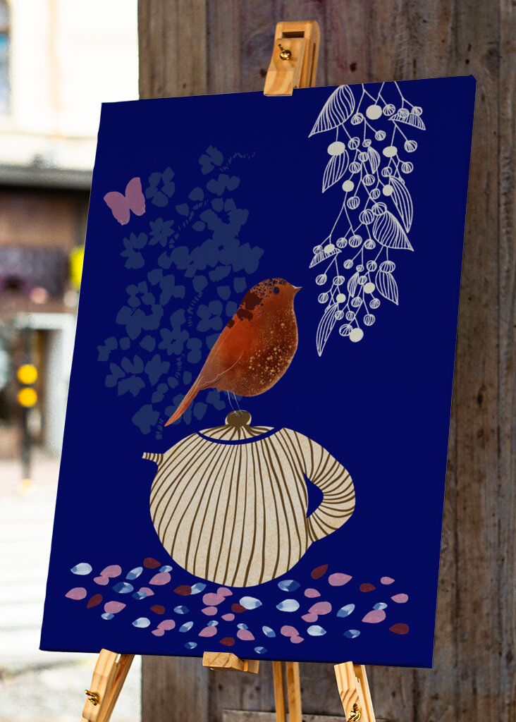 Red Bird Perched on a Striped Teapot