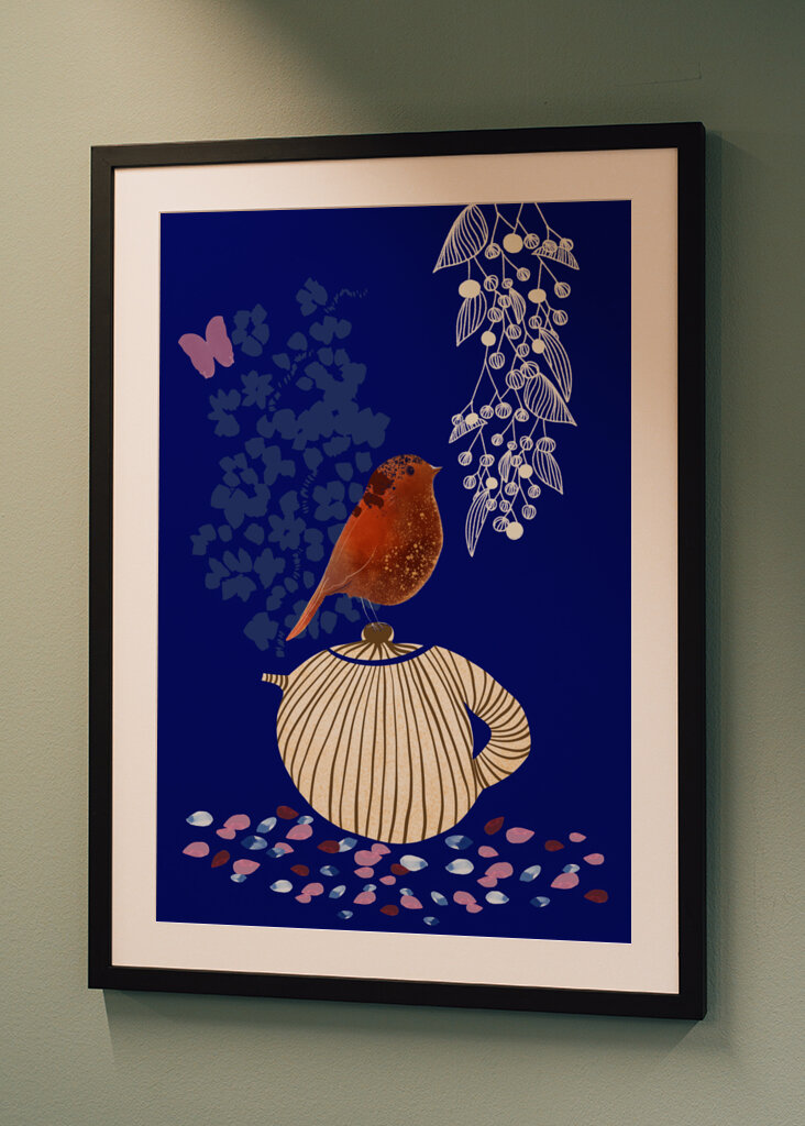 Red Bird Perched on a Striped Teapot