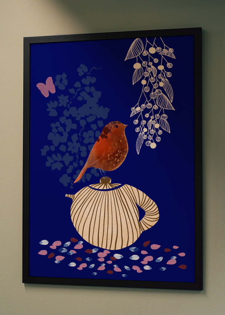 Red Bird Perched on a Striped Teapot