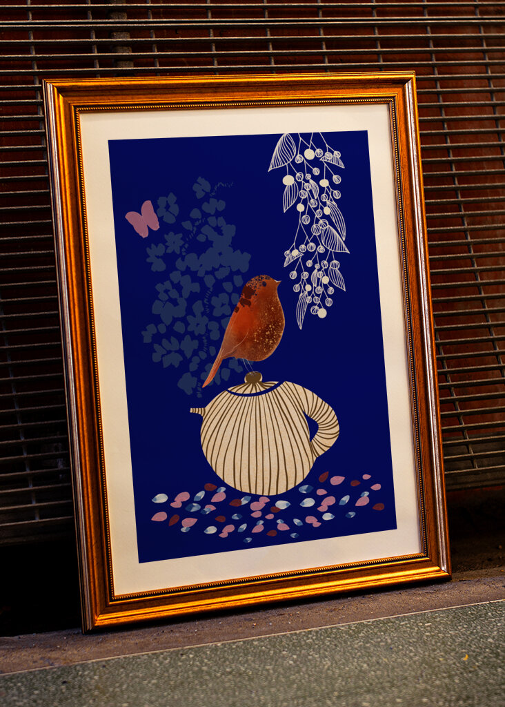 Red Bird Perched on a Striped Teapot