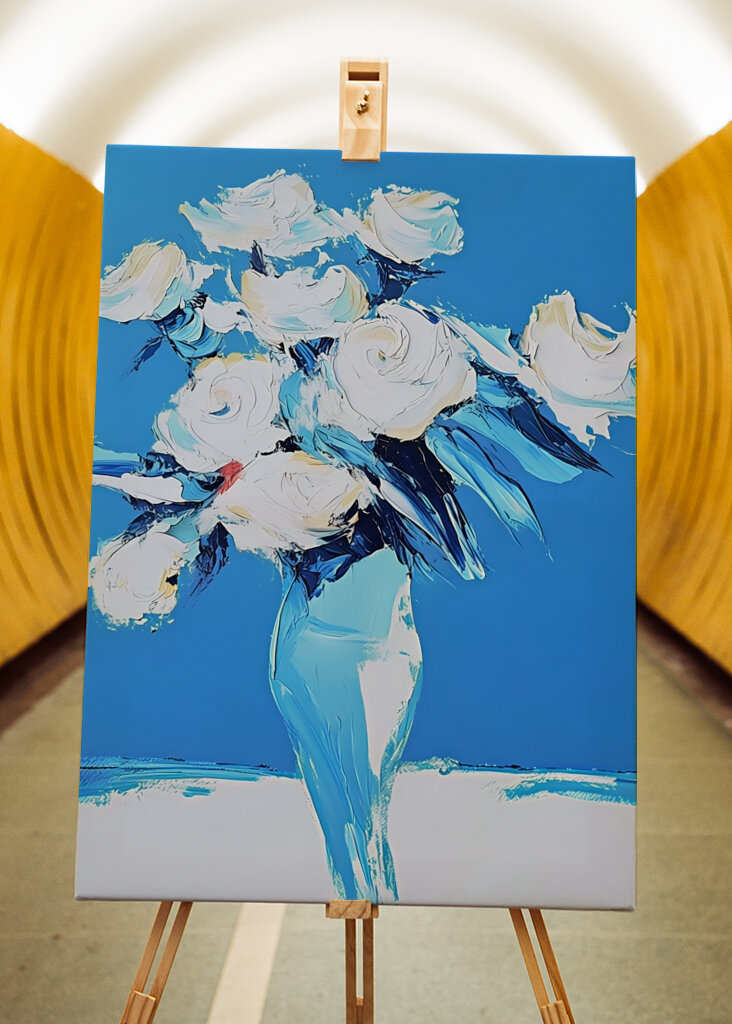 White Roses In a Blue Vase