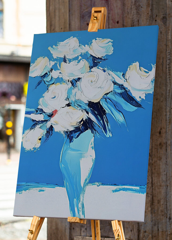 White Roses In a Blue Vase