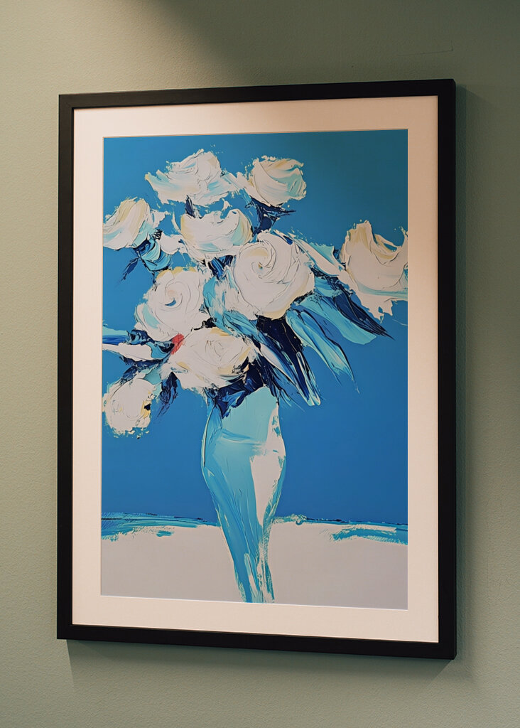 White Roses In a Blue Vase