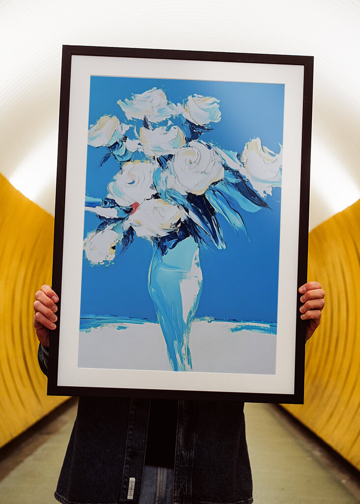 White Roses In a Blue Vase