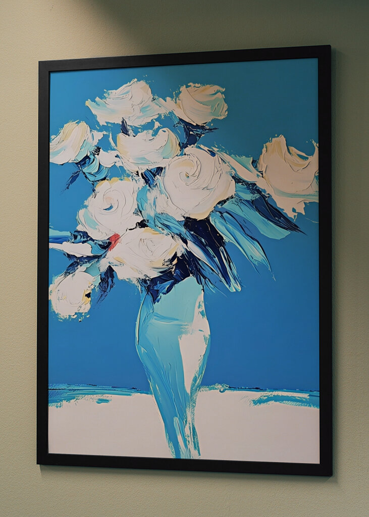 White Roses In a Blue Vase