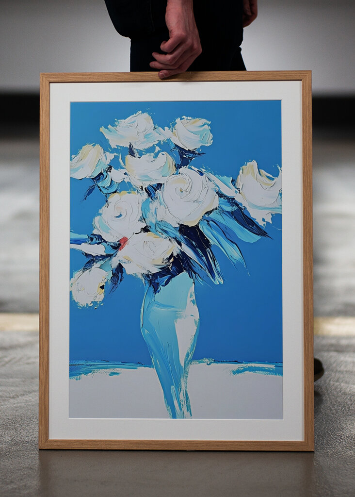 White Roses In a Blue Vase