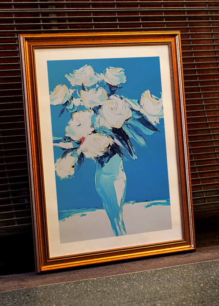 White Roses In a Blue Vase