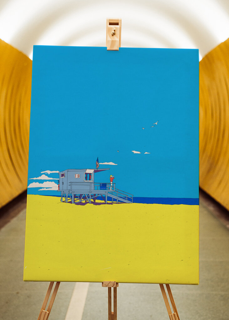 Colorful Beach Scene with a Lifeguard