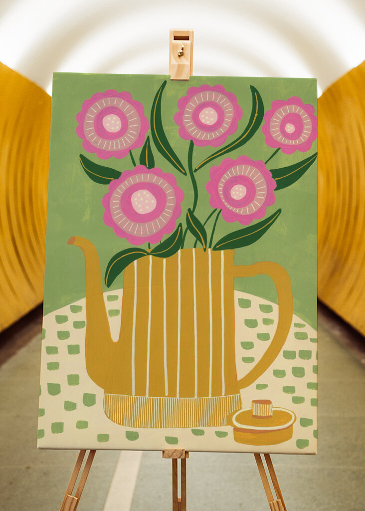 Pink Flowers In A Striped Yellow Teapot