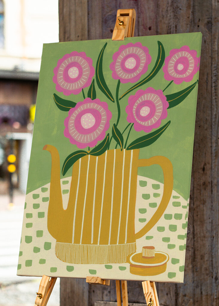Pink Flowers In A Striped Yellow Teapot