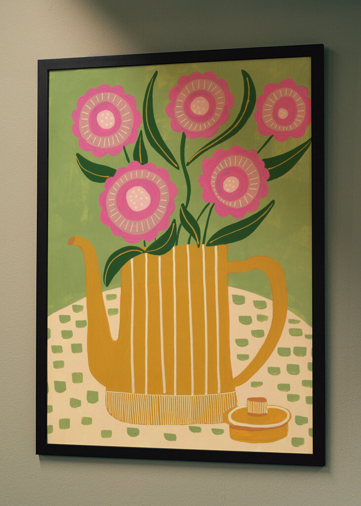Pink Flowers In A Striped Yellow Teapot