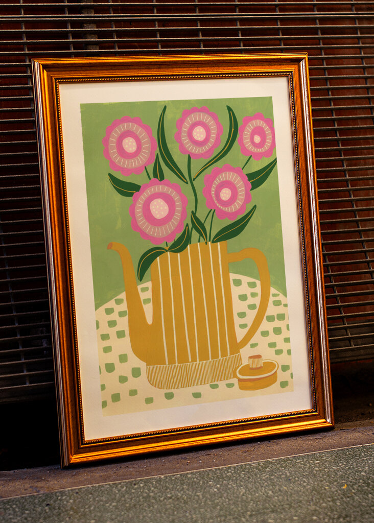 Pink Flowers In A Striped Yellow Teapot