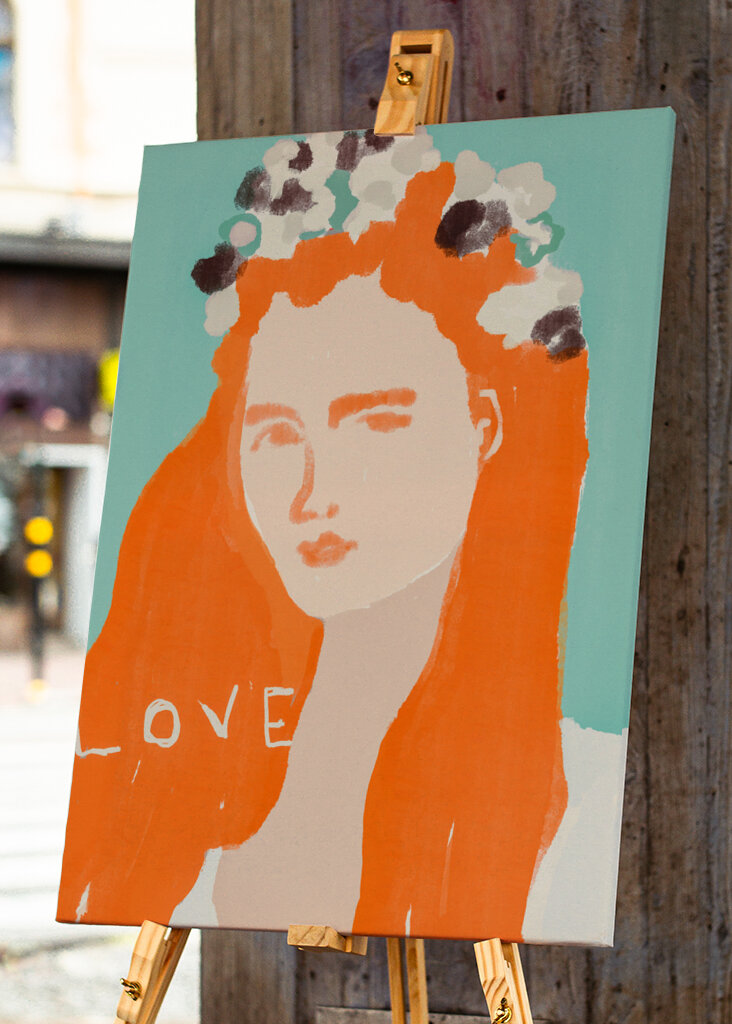 Woman with Orange Hair Adorned with Flowers