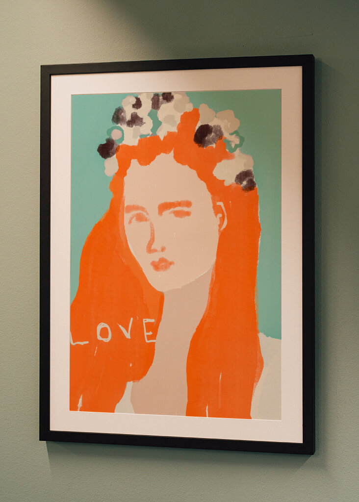 Woman with Orange Hair Adorned with Flowers