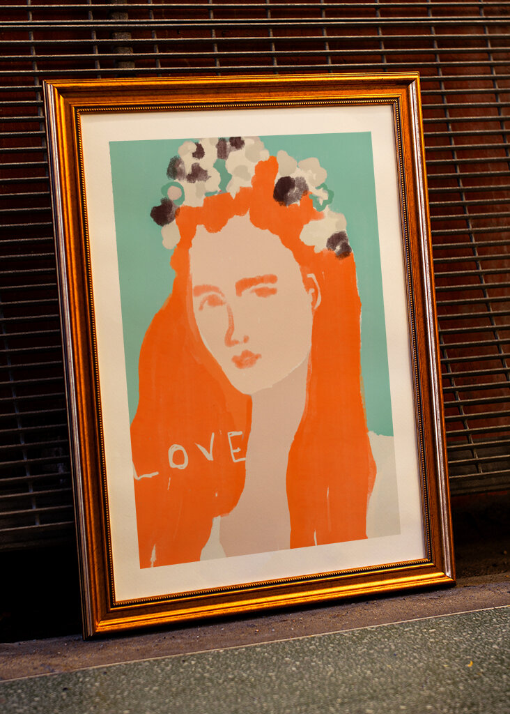 Woman with Orange Hair Adorned with Flowers