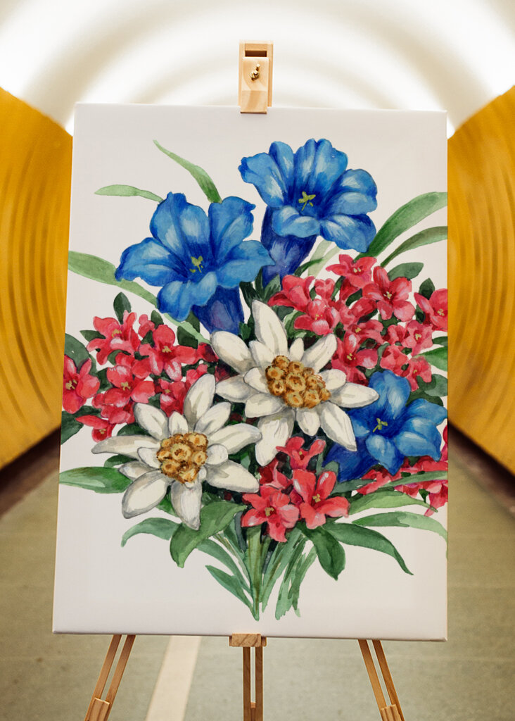 Bouquet with Blue Gentian White Edelweiss and Red Flowers