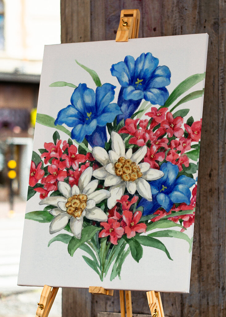 Bouquet with Blue Gentian White Edelweiss and Red Flowers