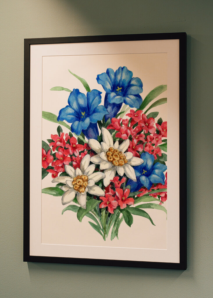 Bouquet with Blue Gentian White Edelweiss and Red Flowers