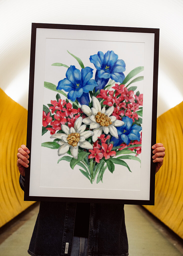 Bouquet with Blue Gentian White Edelweiss and Red Flowers