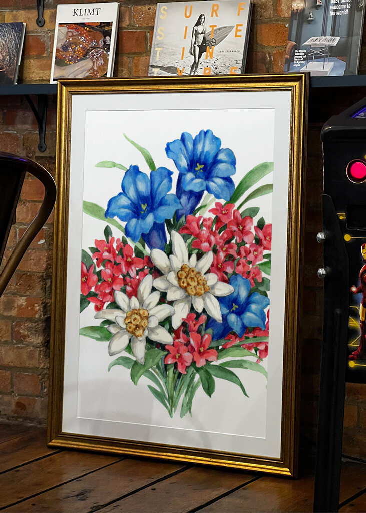 Bouquet with Blue Gentian White Edelweiss and Red Flowers