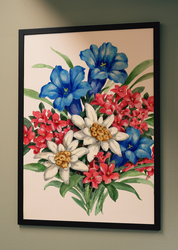 Bouquet with Blue Gentian White Edelweiss and Red Flowers