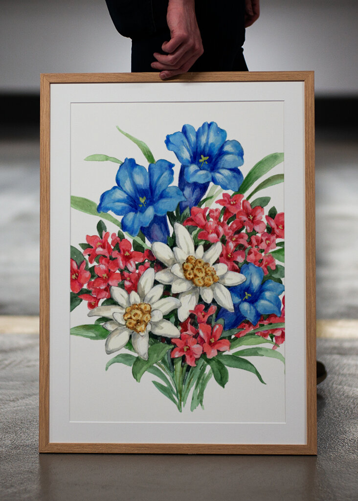 Bouquet with Blue Gentian White Edelweiss and Red Flowers