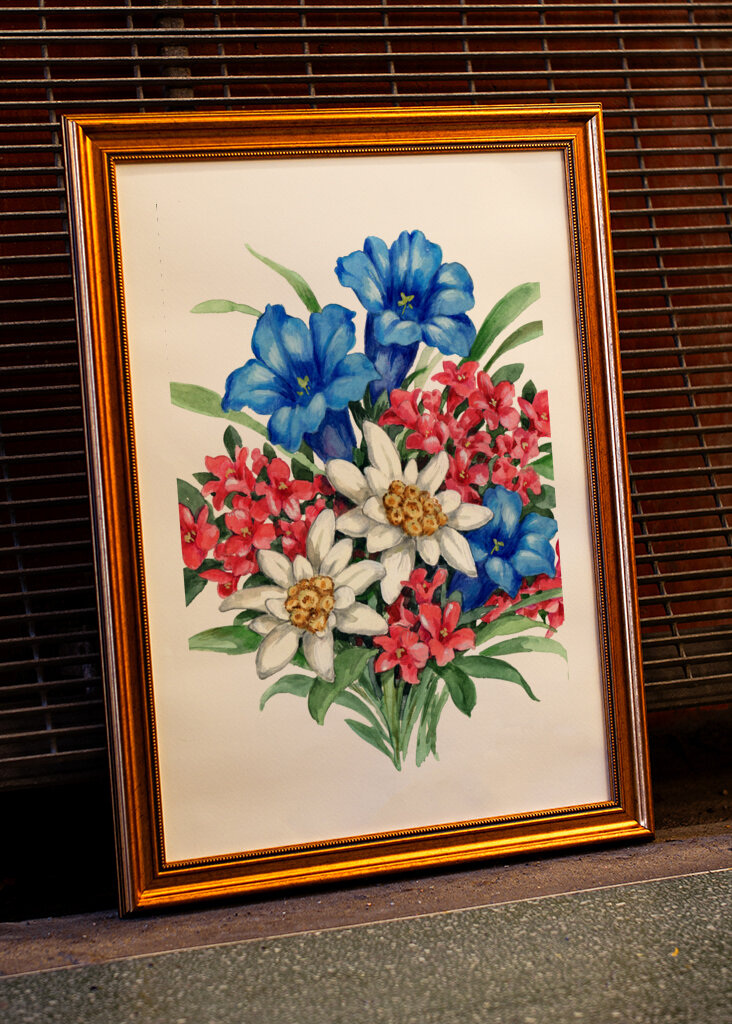 Bouquet with Blue Gentian White Edelweiss and Red Flowers