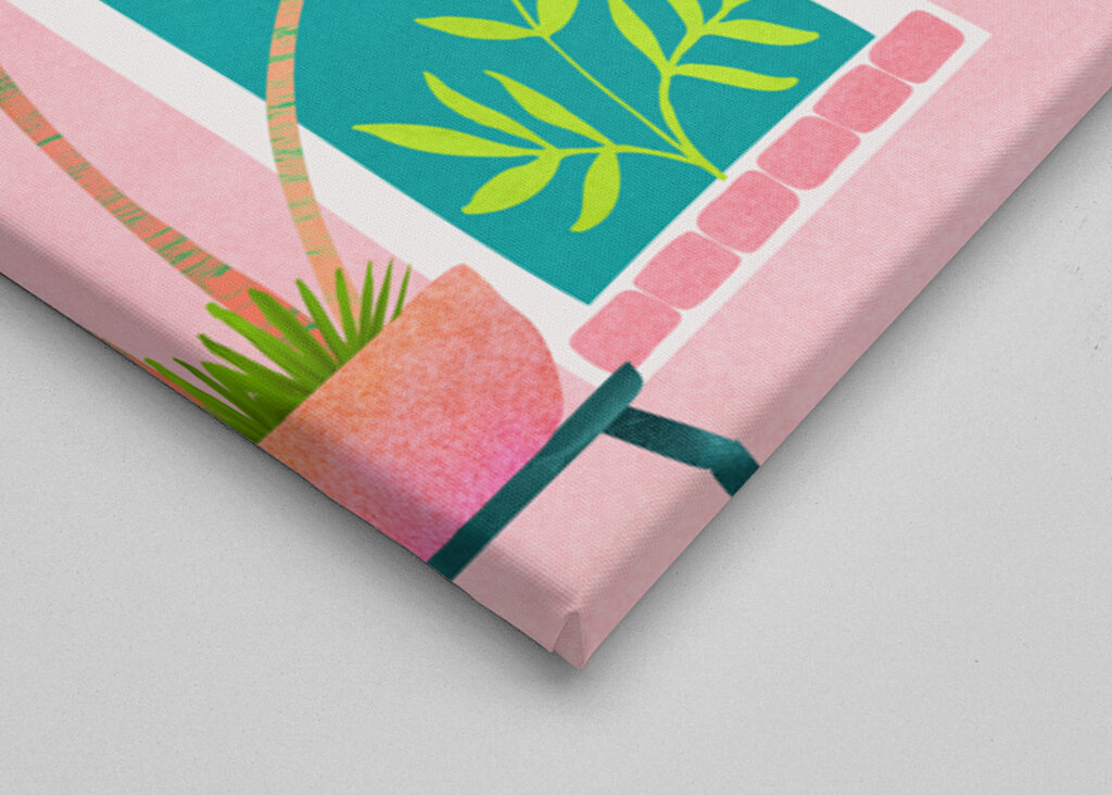 Garden Scene with Lush Green Plants Colorful Pots and a Flamingo