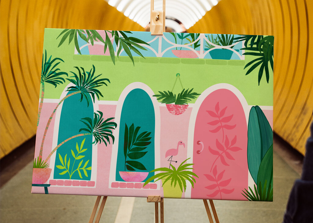 Garden Scene with Lush Green Plants Colorful Pots and a Flamingo