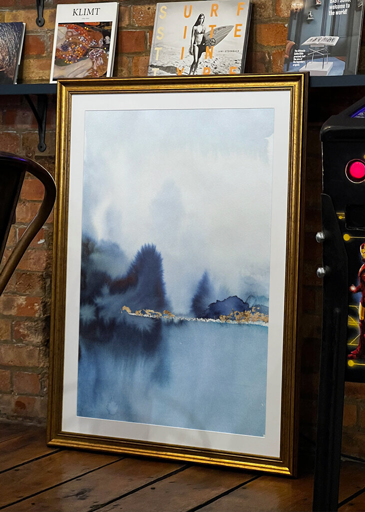 A Serene Misty Landscape in Shades of Blue