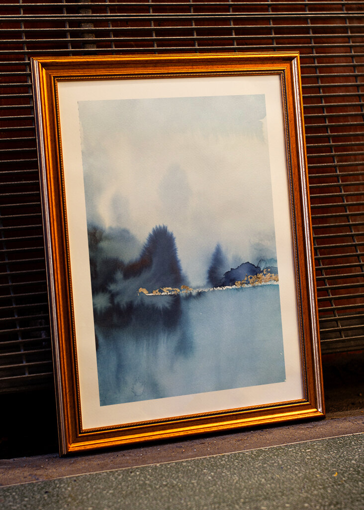 A Serene Misty Landscape in Shades of Blue