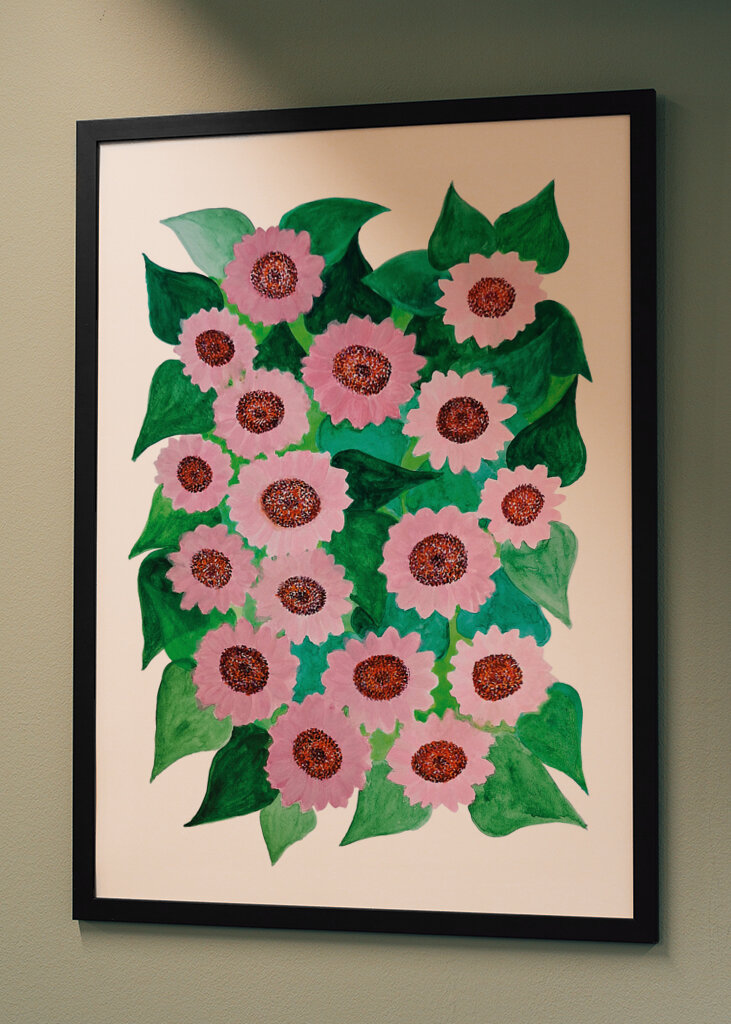 Pink Sunflower with Green Leaves