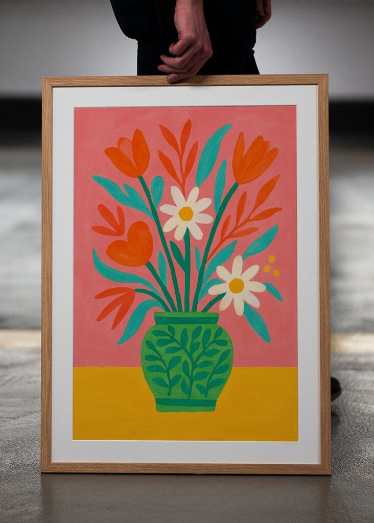 Colorful Flowers in a Decorative Green Vase