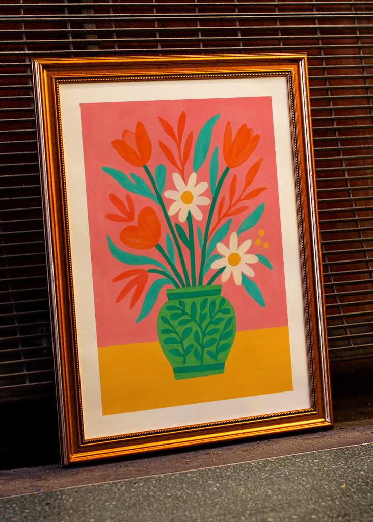 Colorful Flowers in a Decorative Green Vase