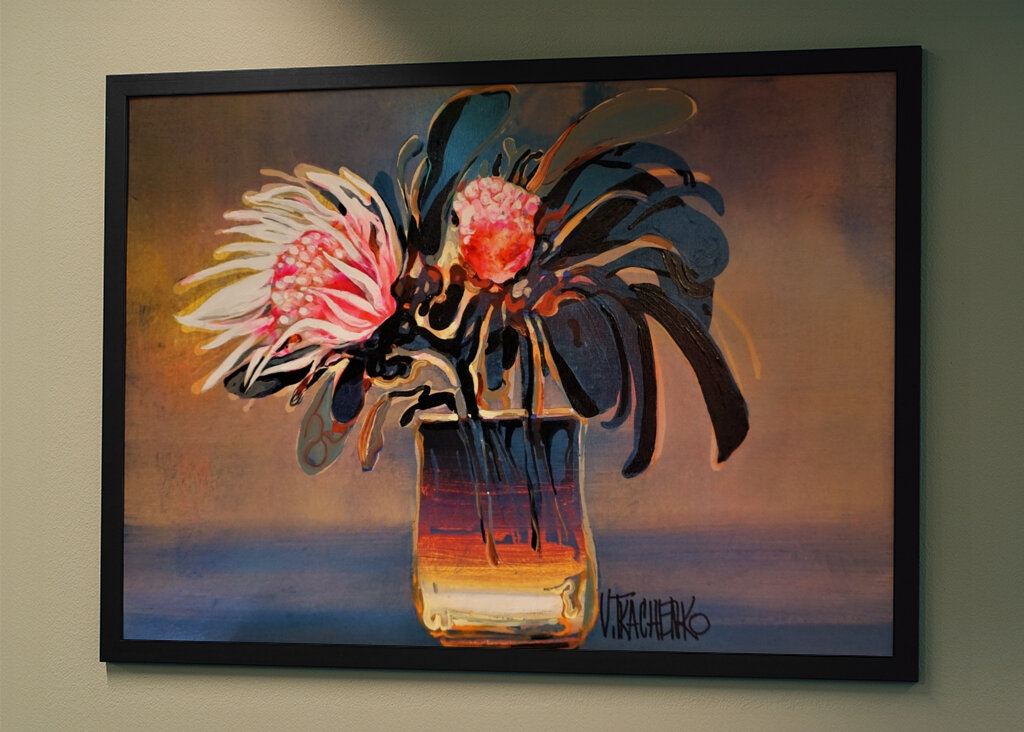 Vibrant Protea Flowers in a Glass Vase