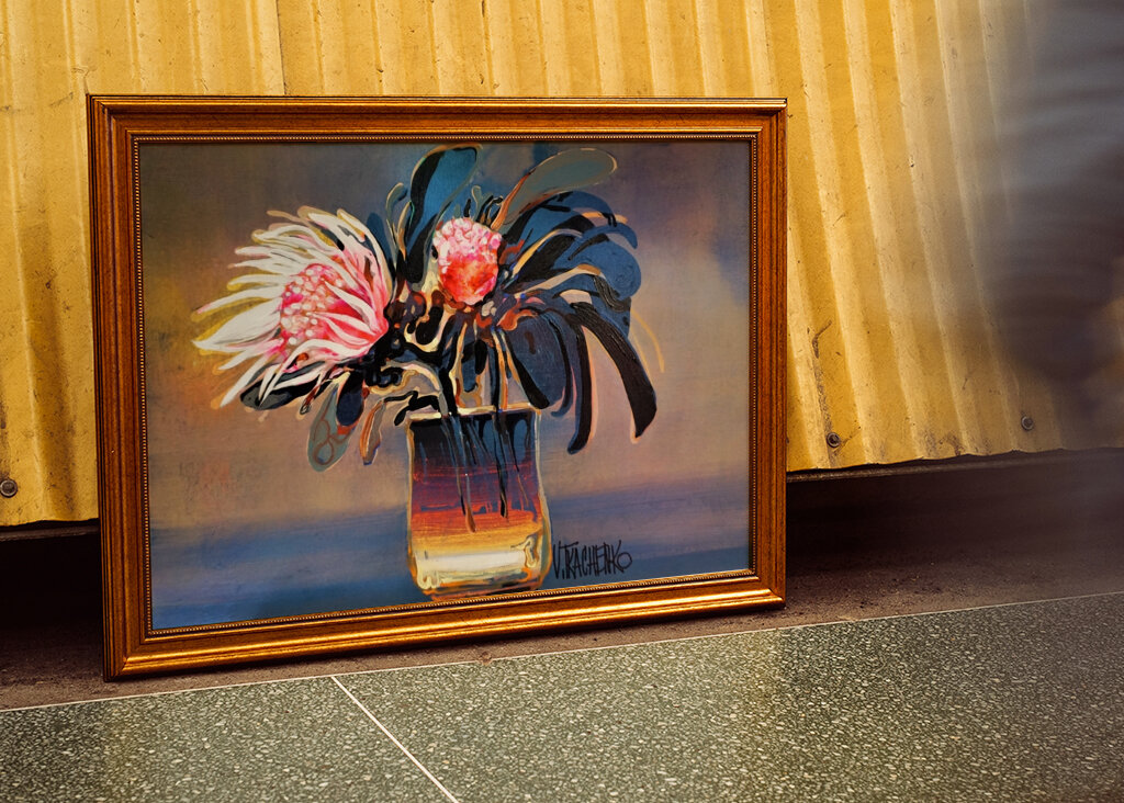 Vibrant Protea Flowers in a Glass Vase