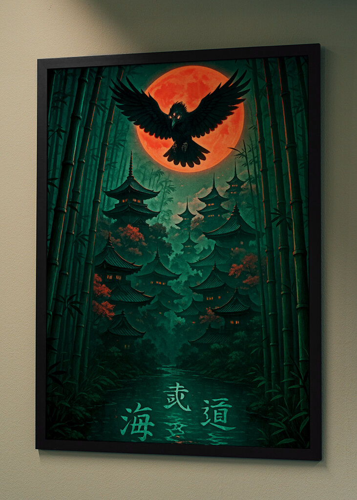 Dark Crow Over Red Moon Temple