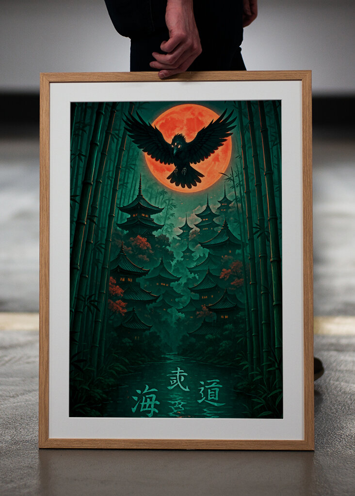 Dark Crow Over Red Moon Temple