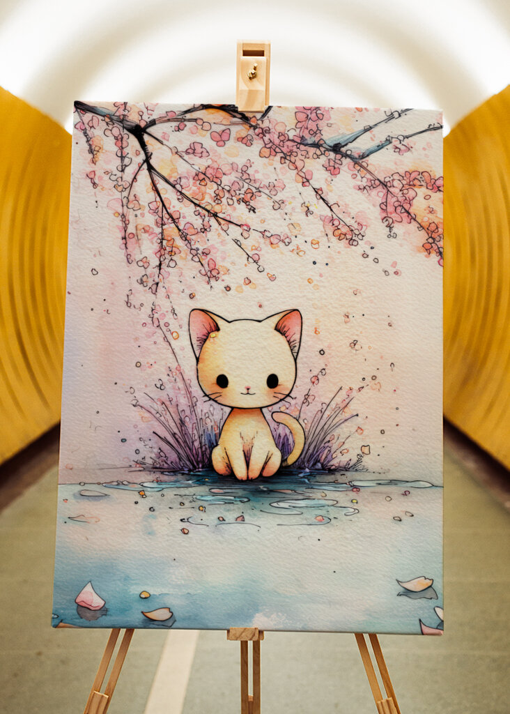 Akvarell macska a virágok között