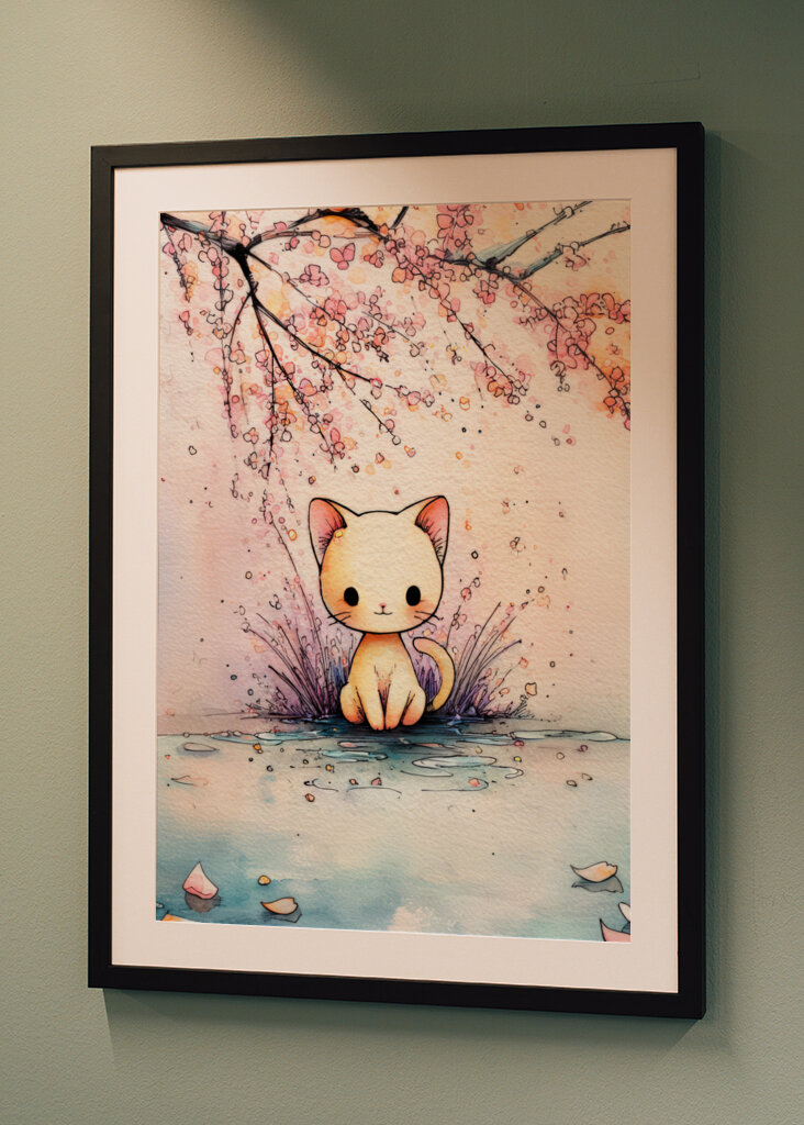 Akvarell macska a virágok között