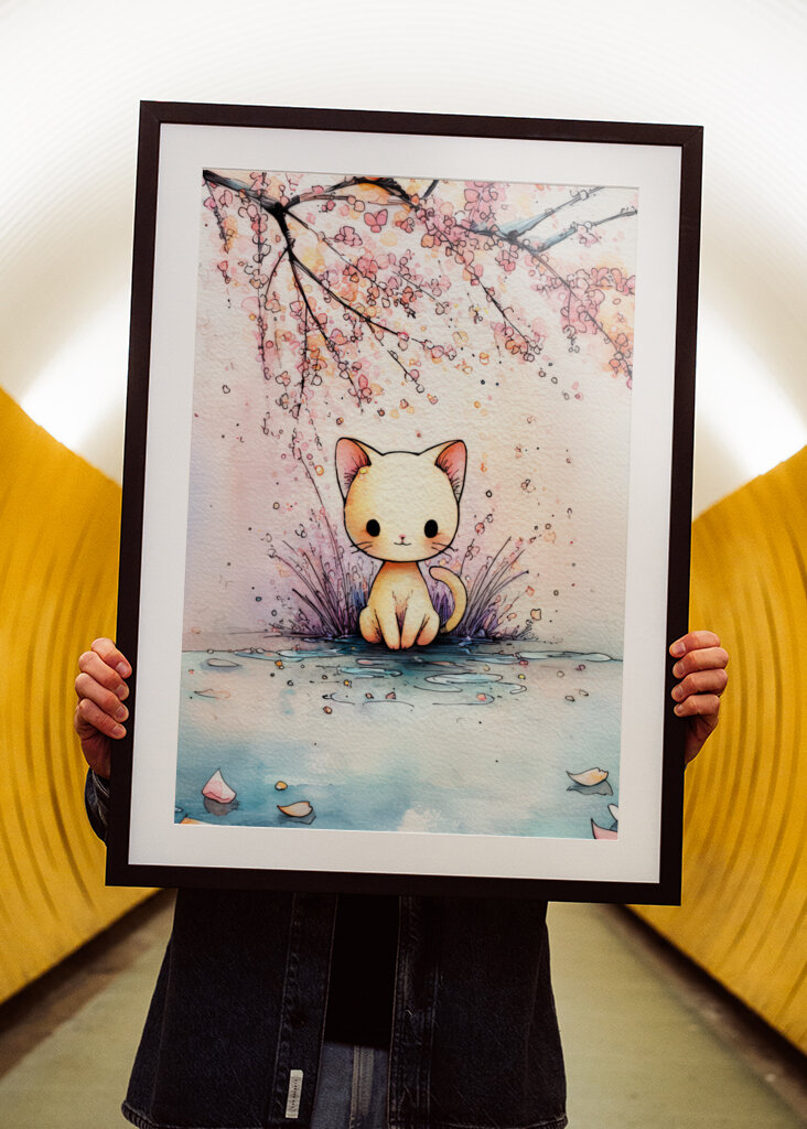 Akvarell macska a virágok között